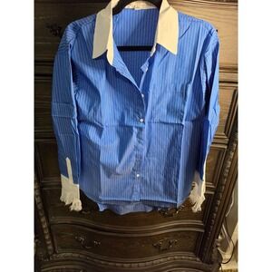 Hers and Mine Blue Pinstripe Lace Cuff Button Down Shirt Small T2118